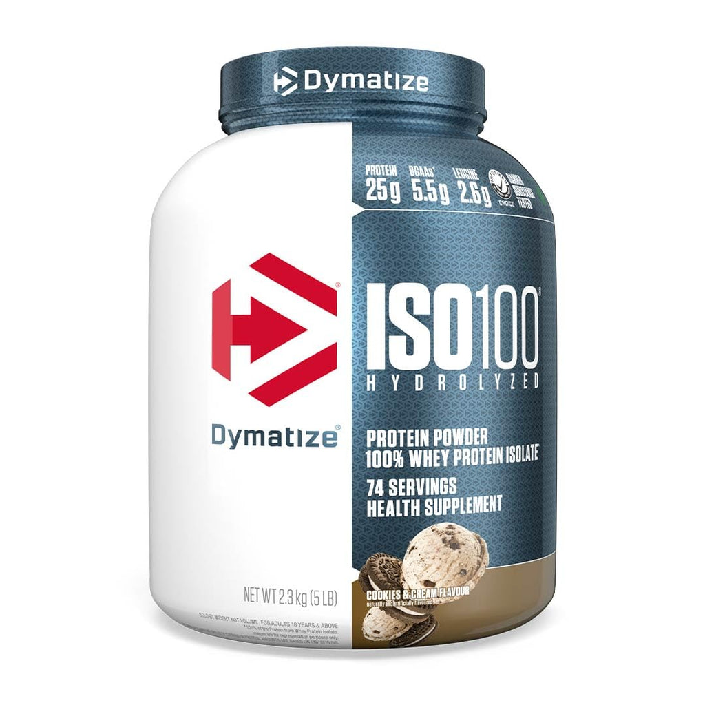 Dymatize ISO100 Hydrolyzed — Cookies & Cream | 25g Whey Isolate · 5.5g BCAAs, 74 Servings, 5 lbs