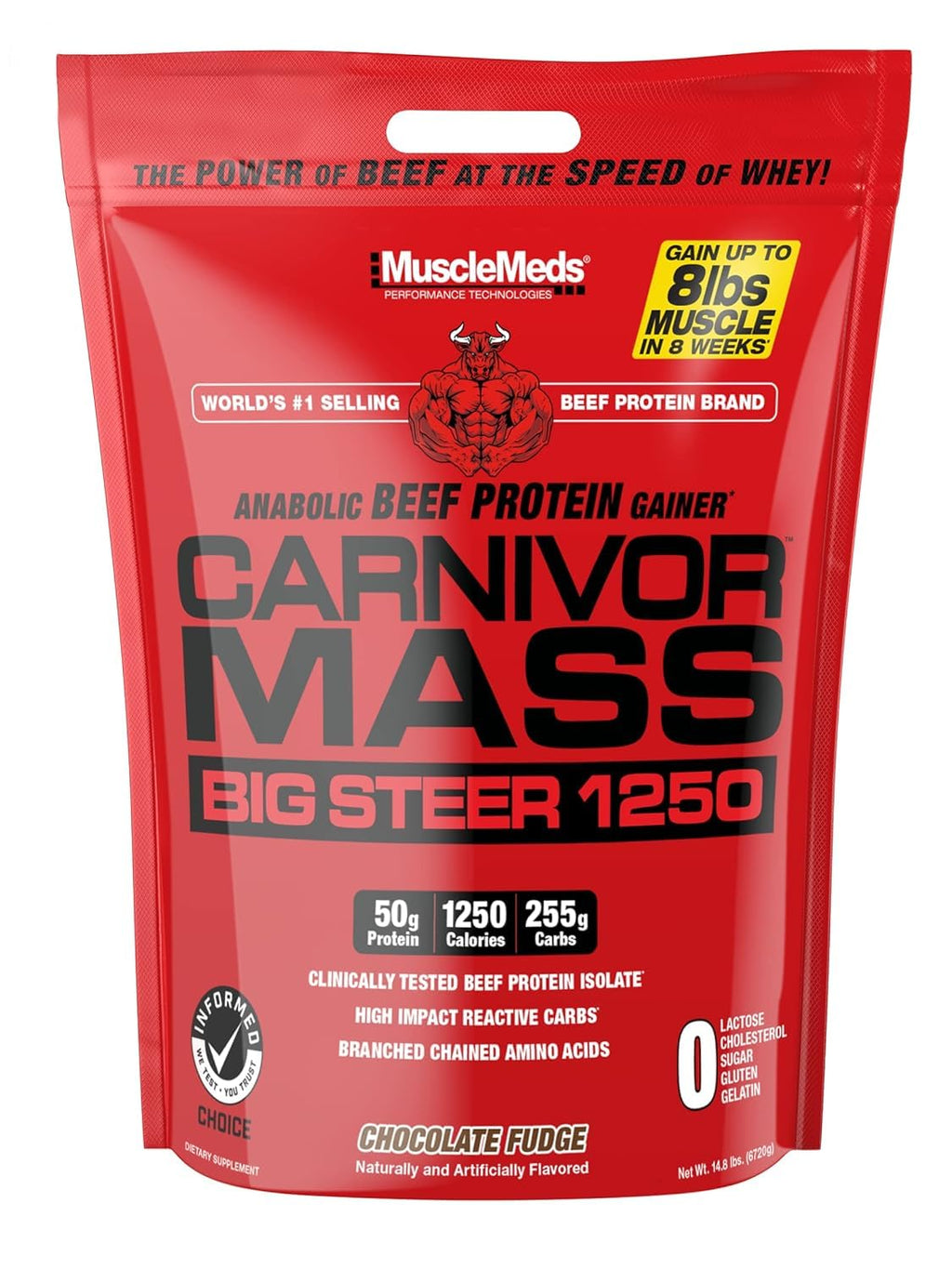 MuscleMeds Carnivor Mass — Chocolate | Beef Protein Mass Gainer · 1,250 Cal, 15 lbs
