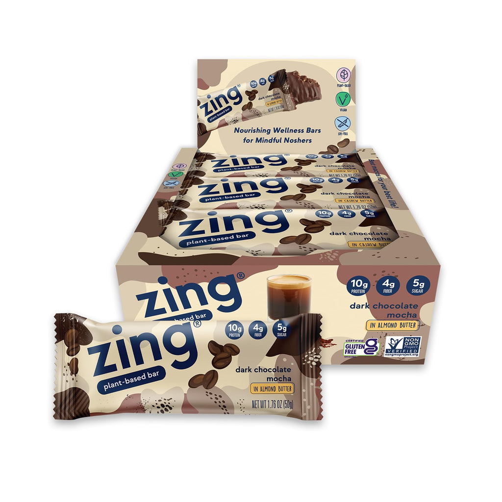 Zing Dark Chocolate Mocha Protein Bar — Vegan | 10 Protein · High Fiber, Dairy-Free, 12 Bars