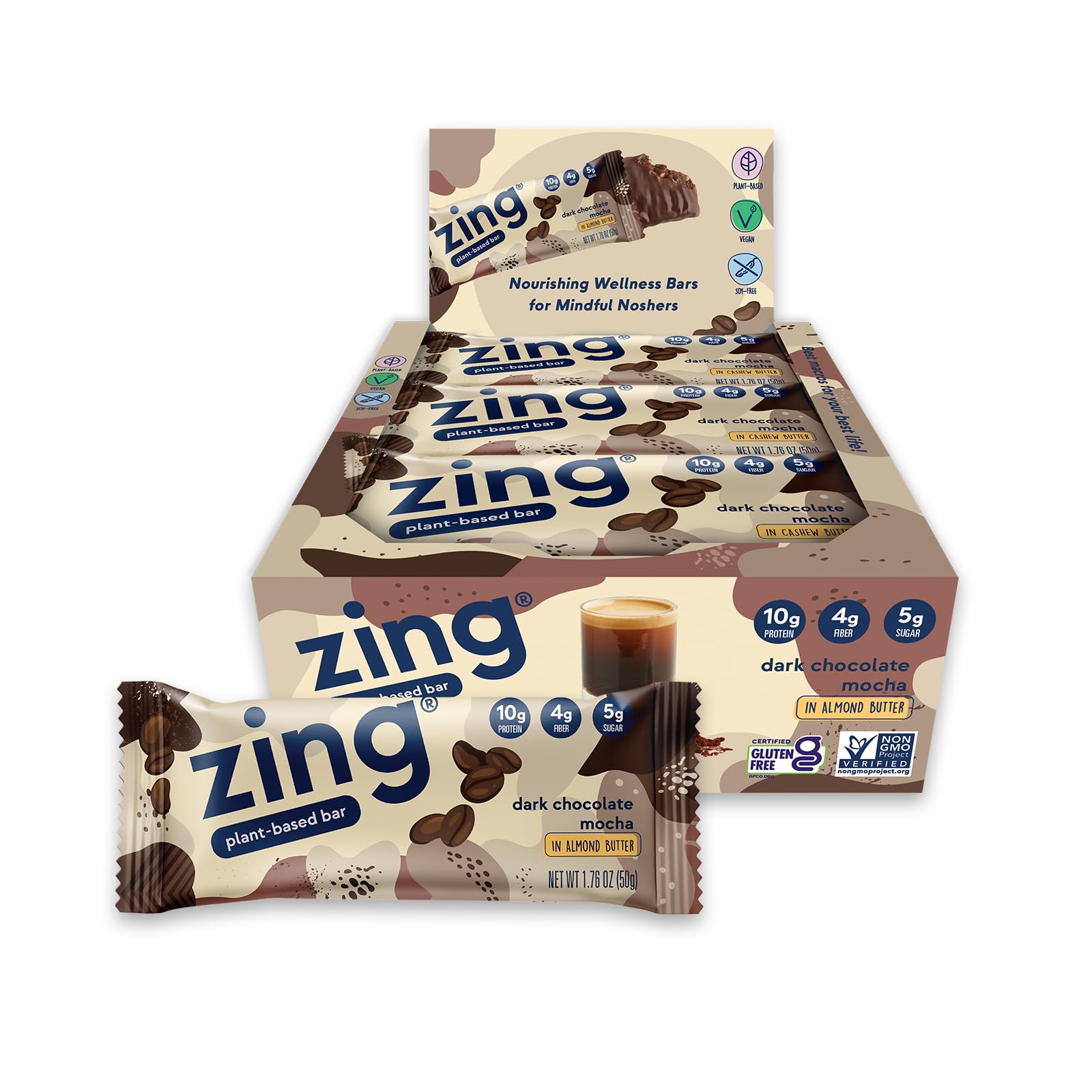 Zing Dark Chocolate Mocha Protein Bar — Vegan | 10 Protein · High Fiber, Dairy-Free, 12 Bars